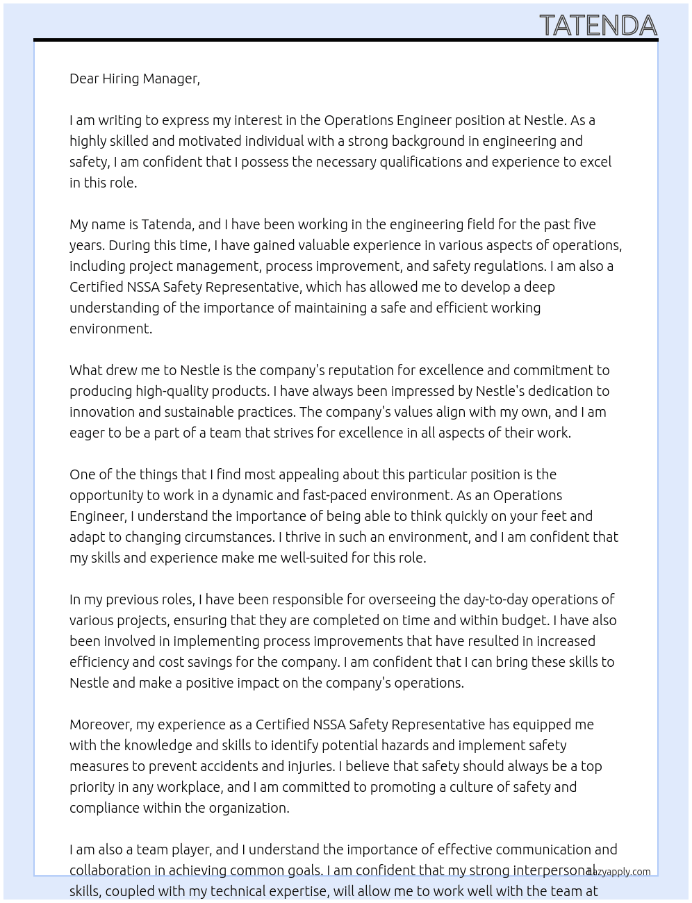 Operations Engineer At Nestle Cover Letter