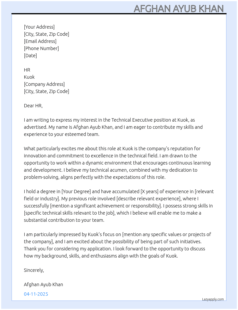 Technical executive  At Kuok  Cover Letter