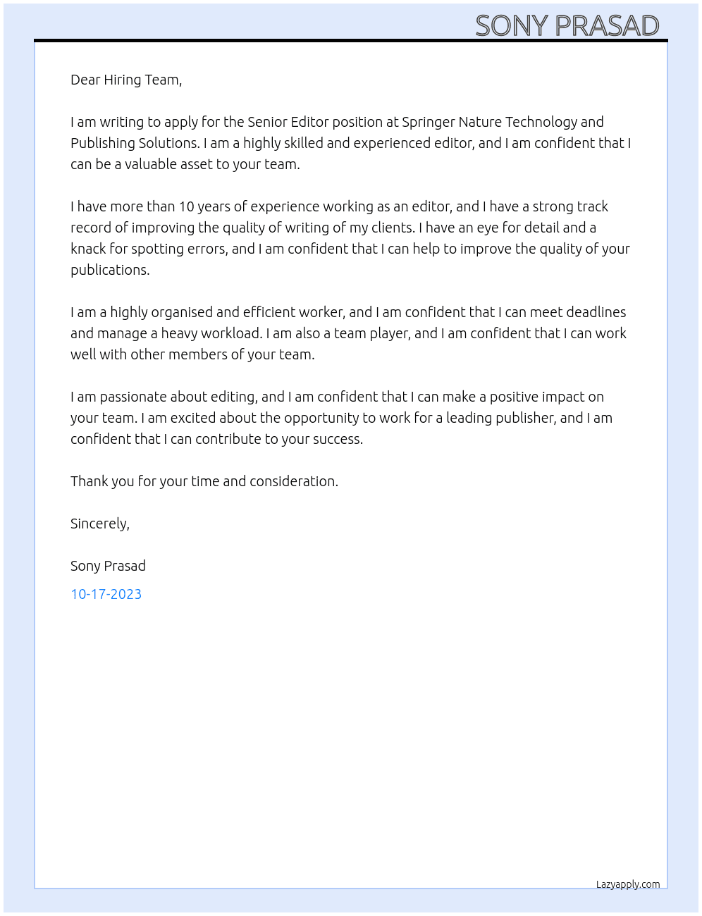 Senior Editor  At Springer Nature Technology and Publishing Solutions  Cover Letter