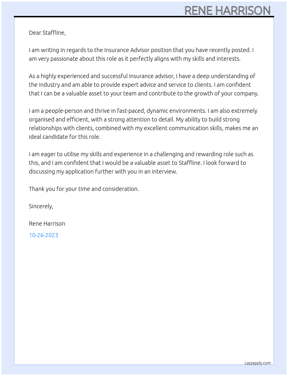 Insurance Advisor At Staffline Cover Letter