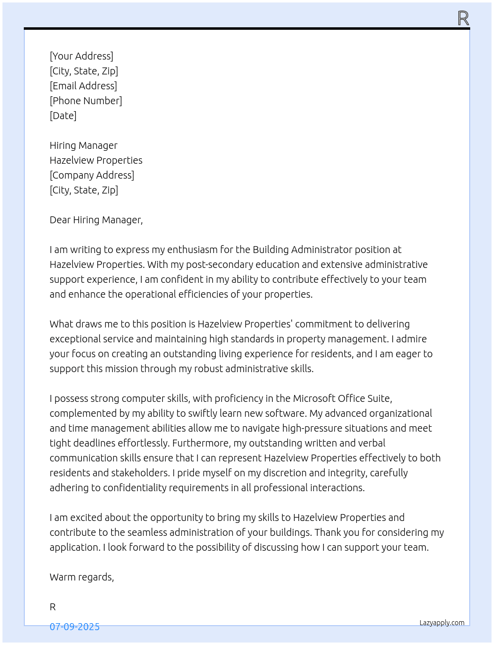 Building Administrator At Hazelview Properties Cover Letter
