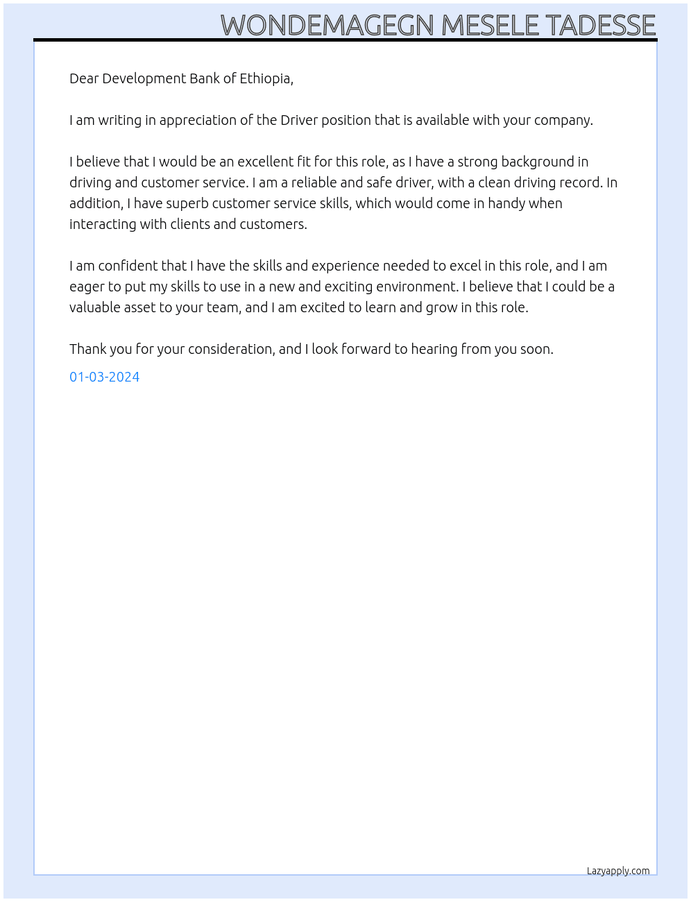 Driver  At Development bank of Ethiopia  Cover Letter