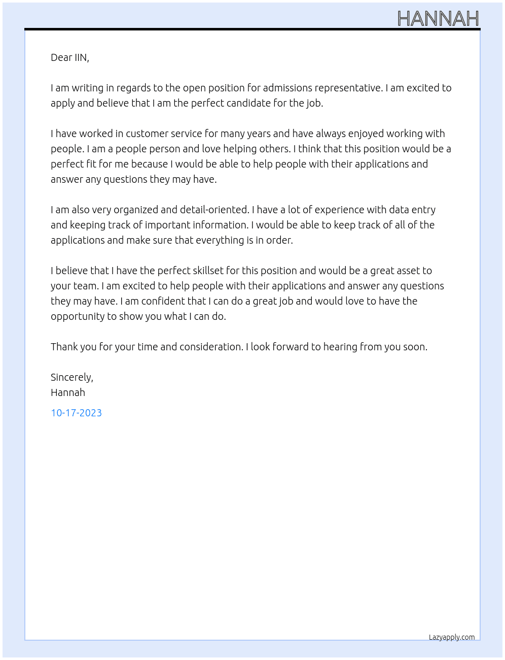 admissions repreentative At IIN Cover Letter