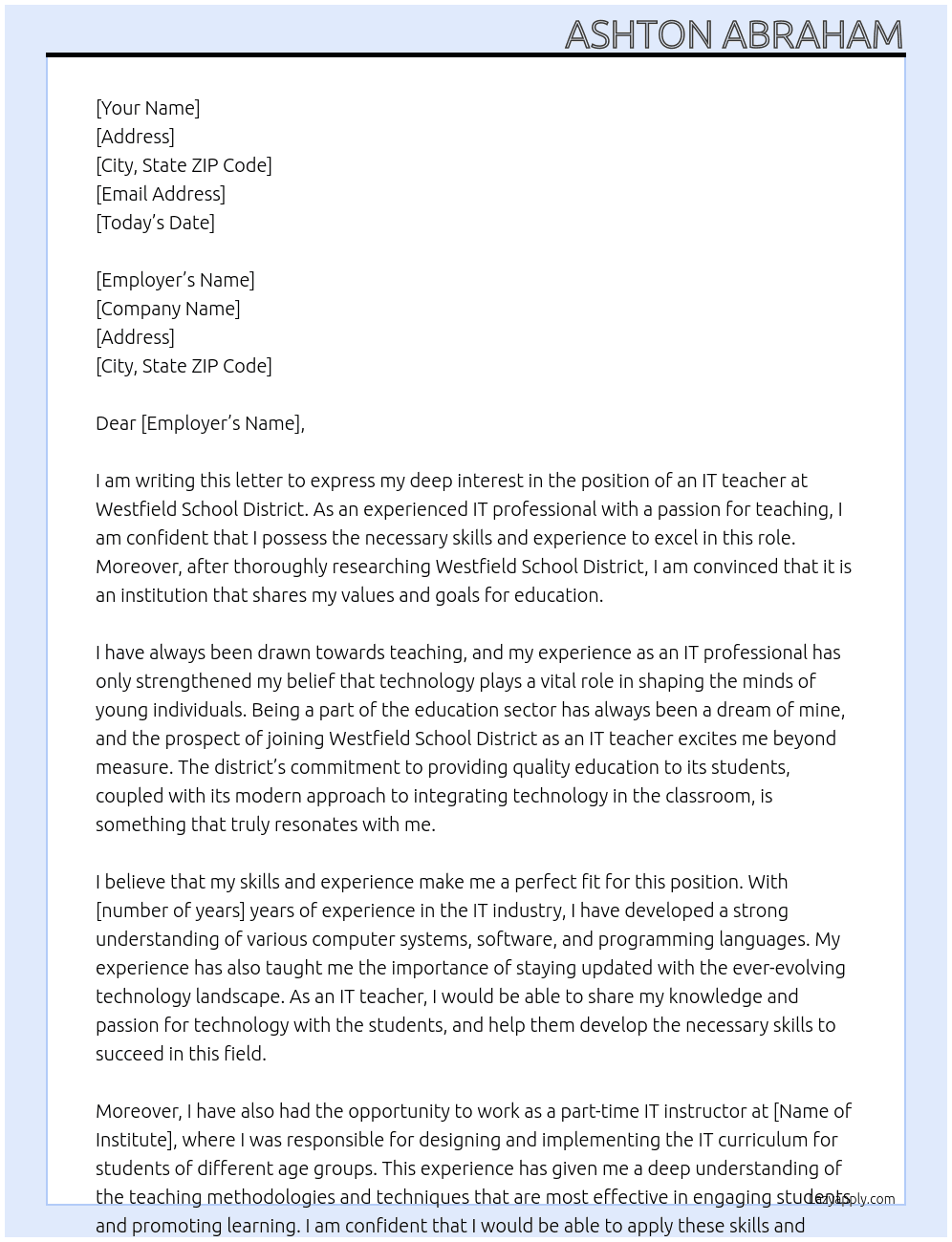 It tch At Westfield School District Cover Letter