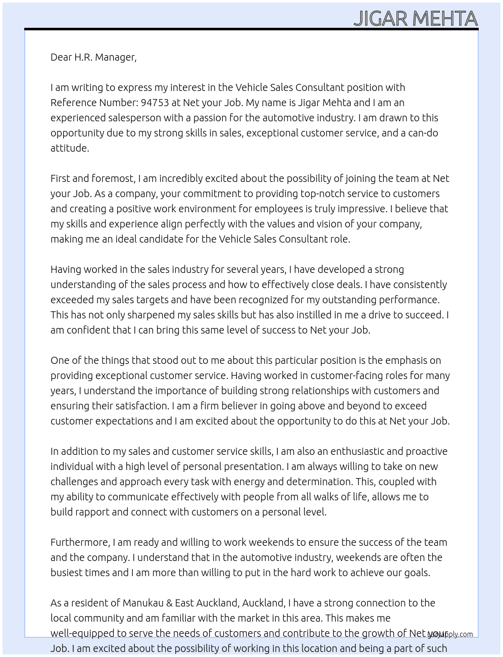 Reference Number: 94753 (Vehicle Sales Consultant) At Net your Job Cover Letter