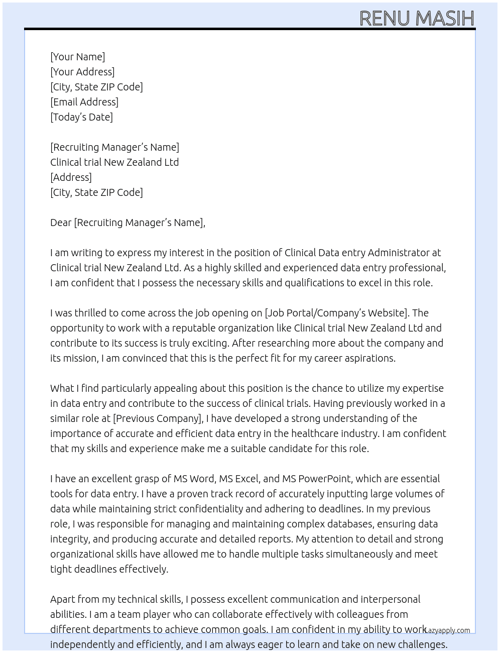 Clinical Data entry Administrator At Clinical trial New Zealand Ltd Cover Letter