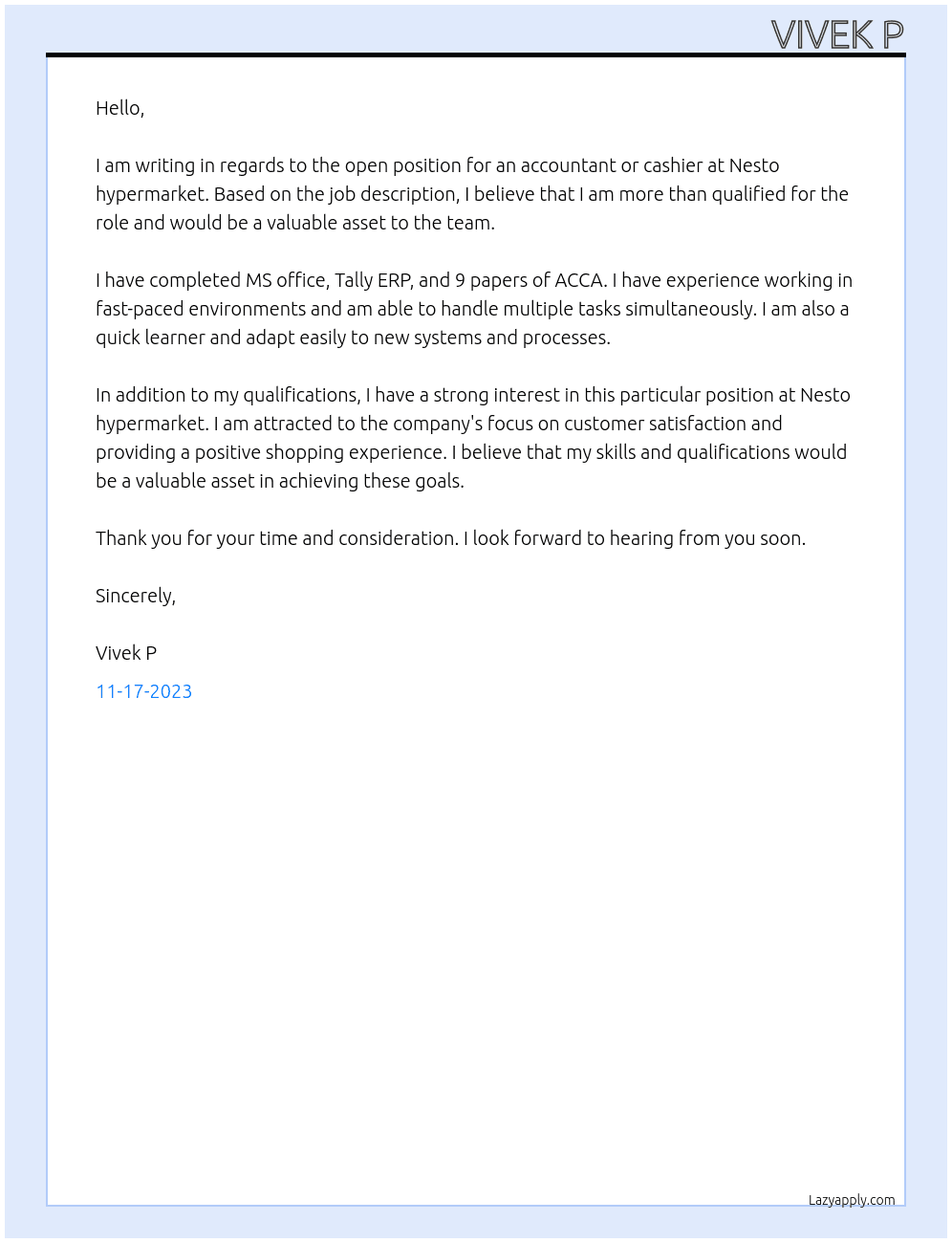 Accountant or cashier At Nesto hypermarket  Cover Letter