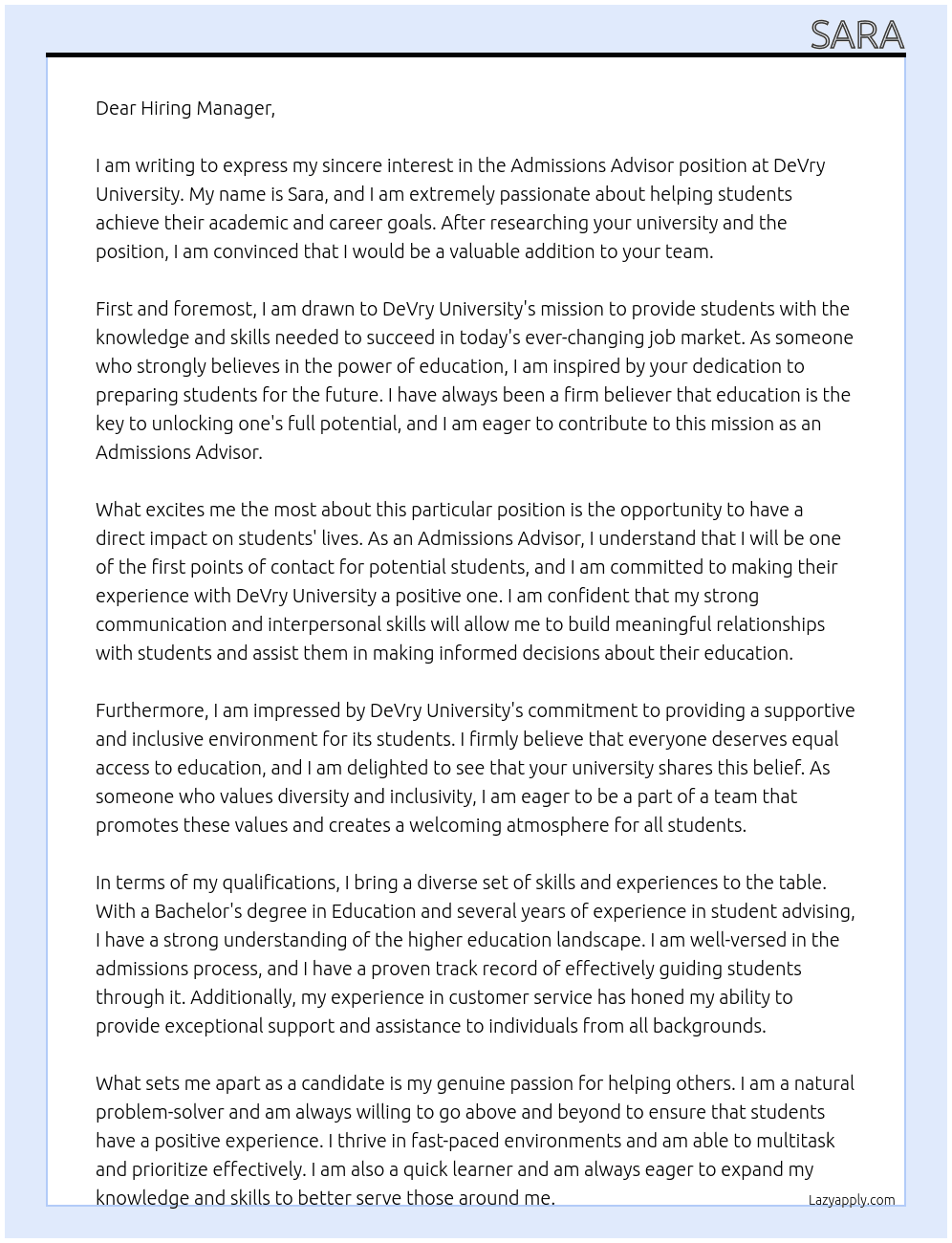 Admissions Advisor At DeVry University  Cover Letter