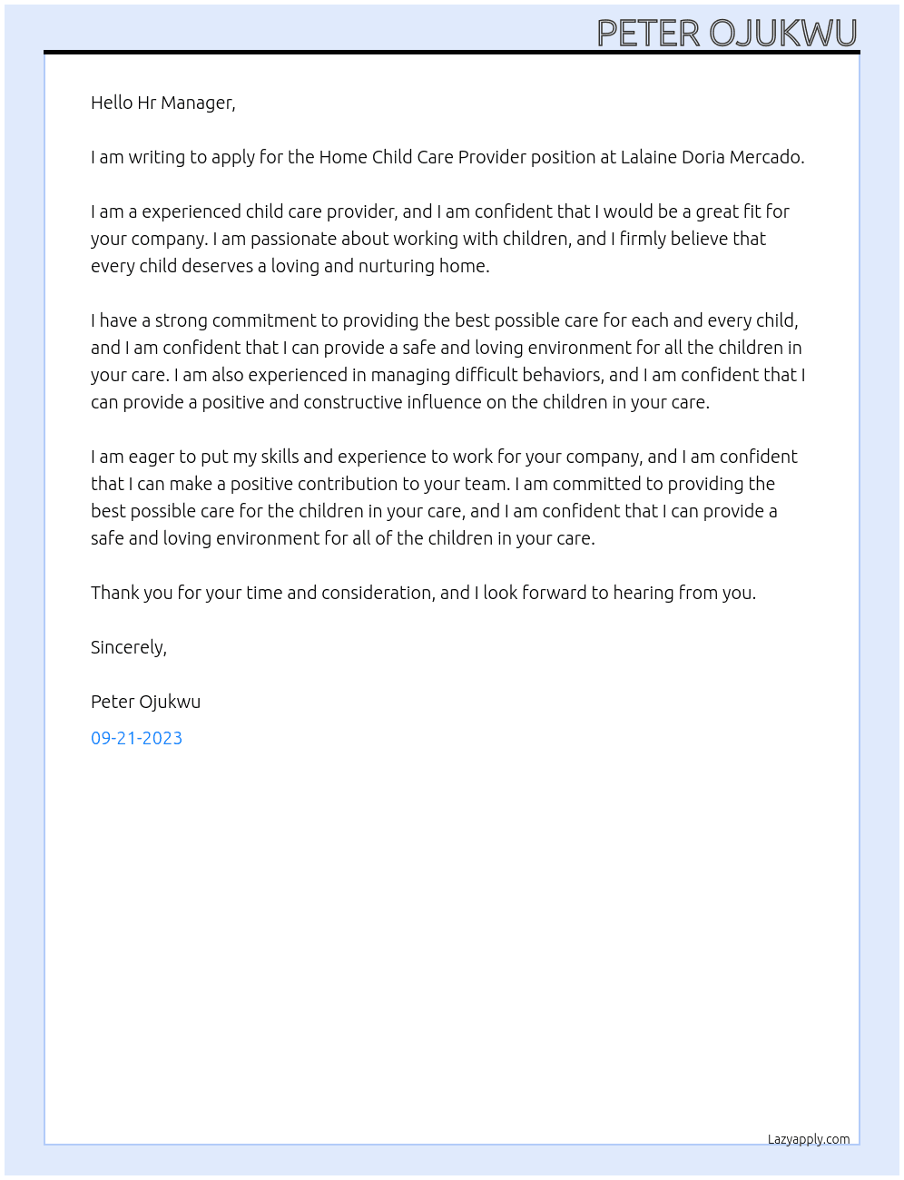 Home Child Care Provider At Lalaine Doria Mercado Cover Letter