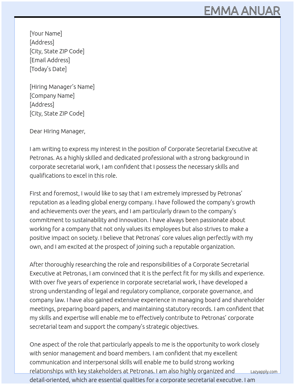 Corporate Secretarial Executive At Petronas Cover Letter