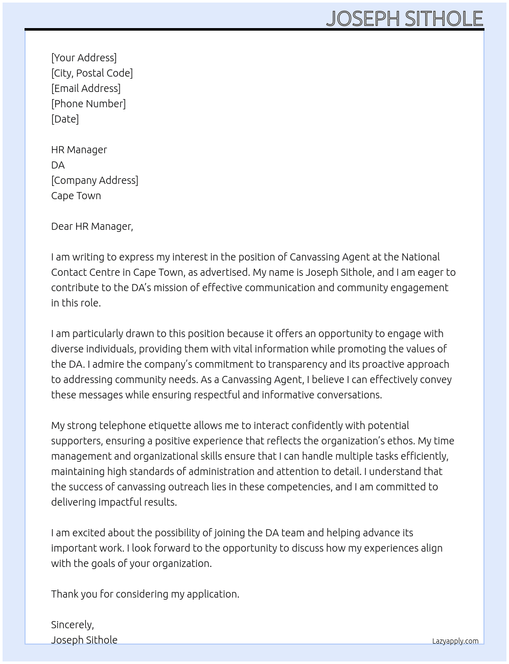 Canvassing Agent: National Contact Centre - Cape Town (Fixed Term)  At DA Cover Letter