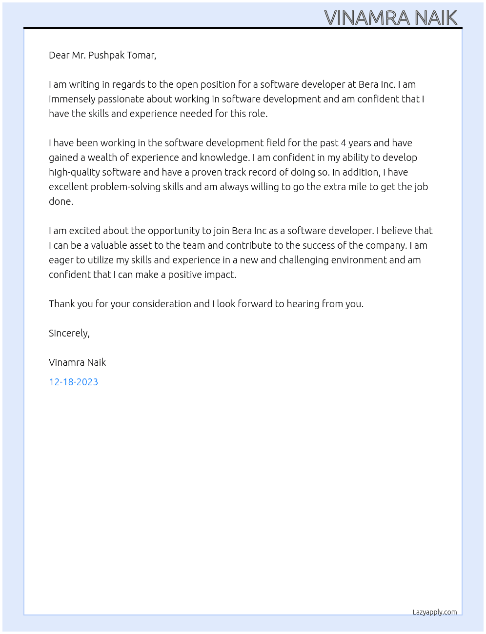 Software Developer At Bera Inc Cover Letter