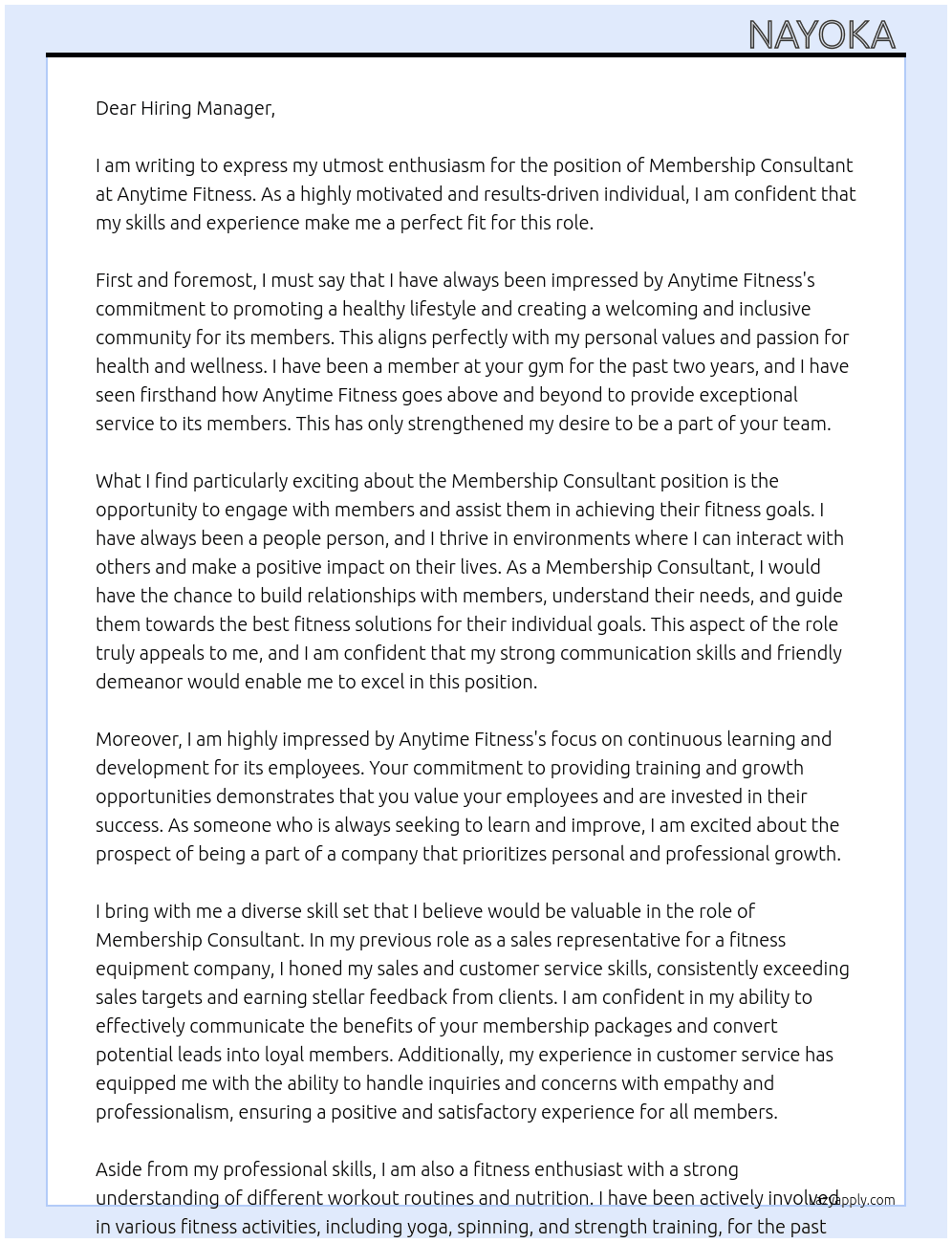 Membership consultant  At Anytime Fitness  Cover Letter