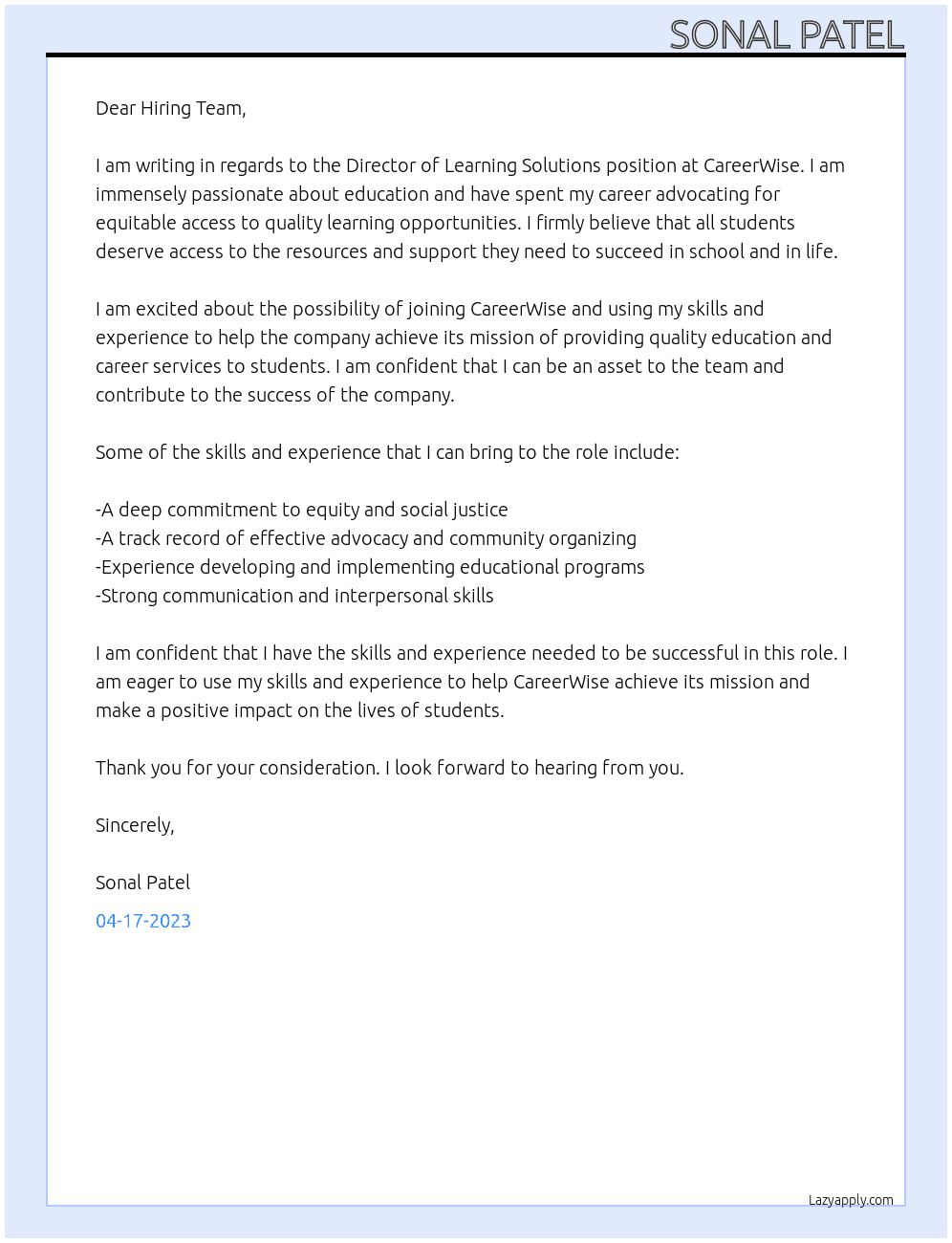Director of Learning Solutions At CareerWise Cover Letter