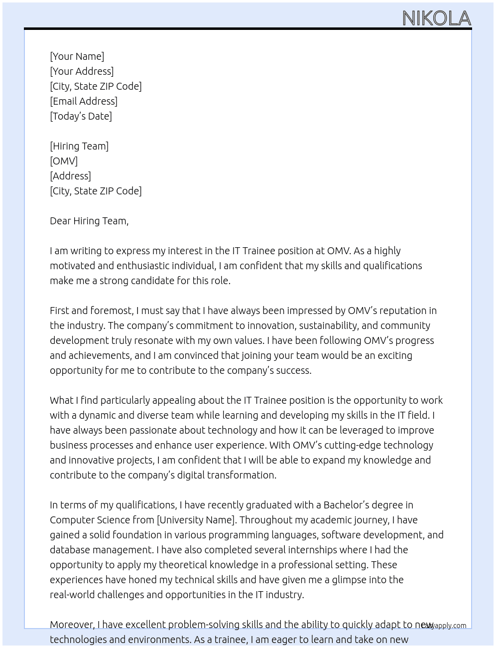 IT Trainee At OMV Cover Letter