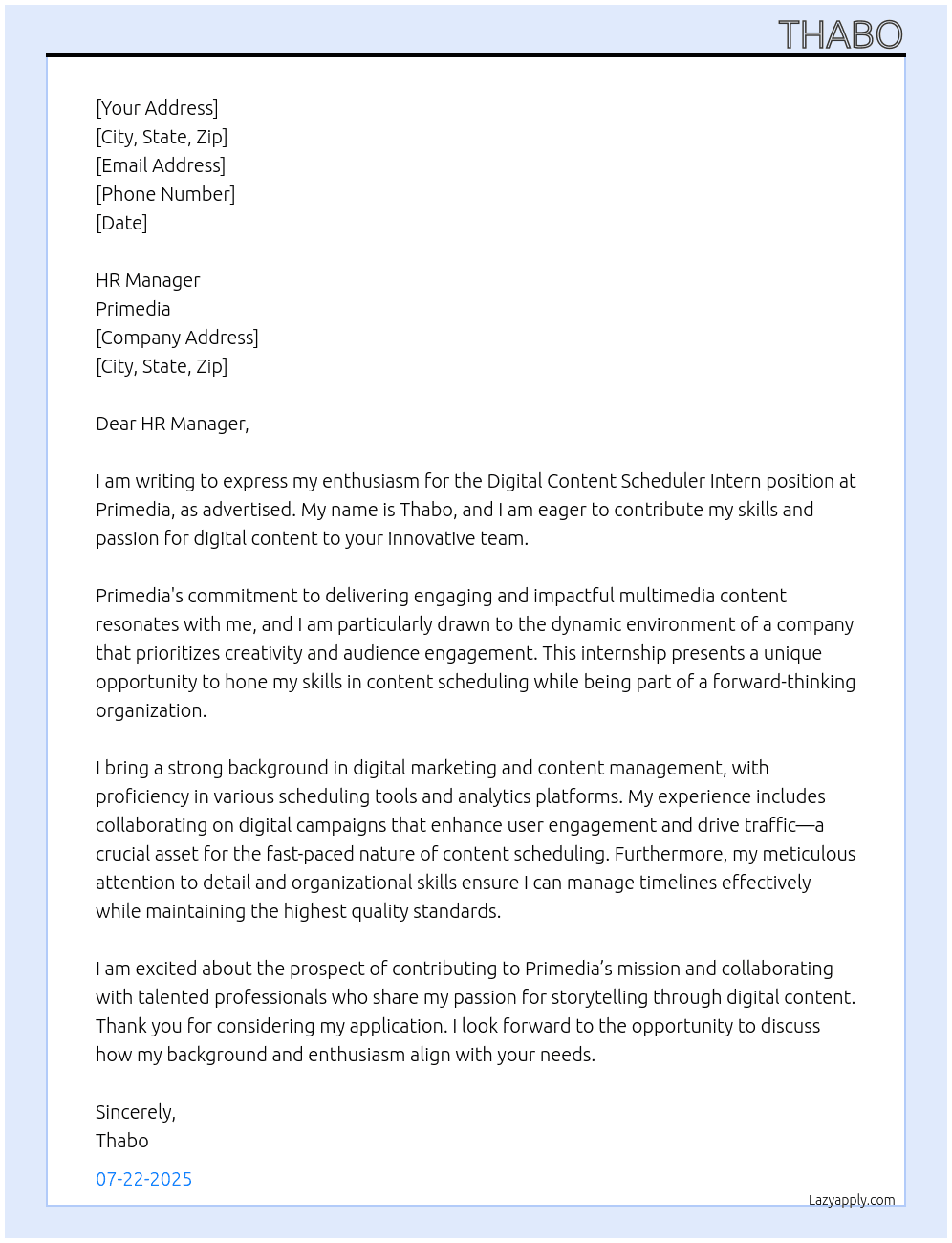 Digital Content Scheduler Intern At Primedia Cover Letter