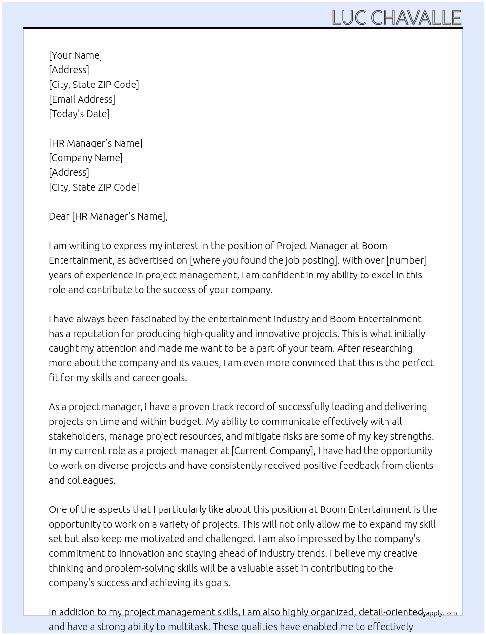 Project Manager At Boom Entertainment Cover Letter