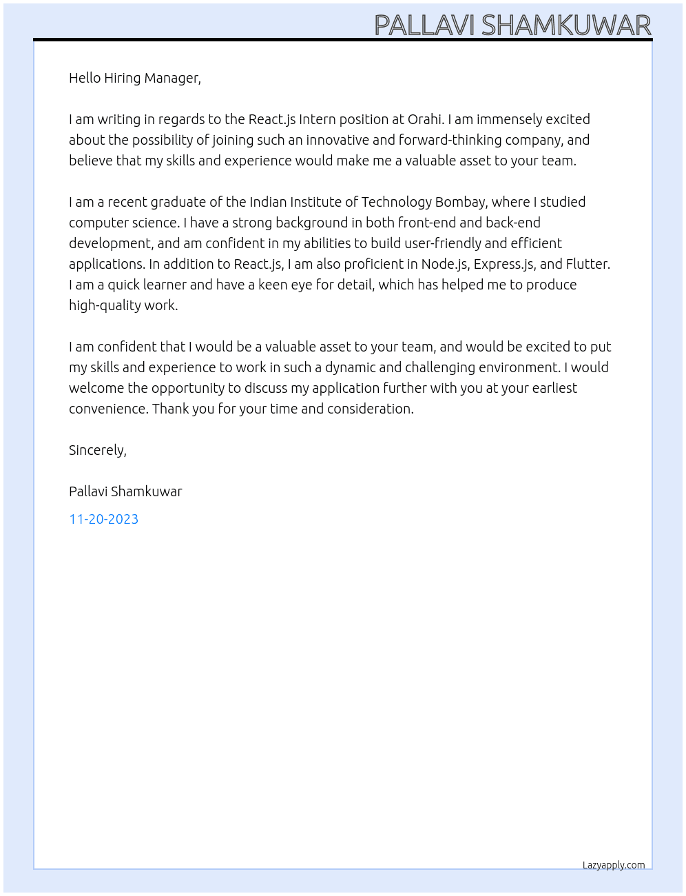 Cover letter for reactjs intern - LazyApply