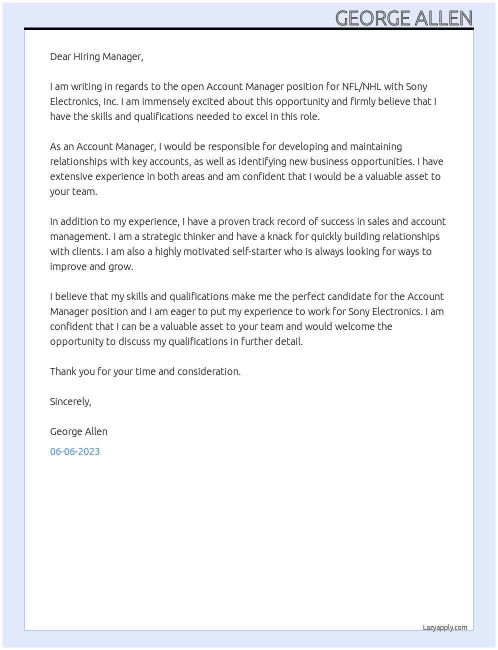 Account Manager - NFL/NHL At Sony Electronics, Inc. Cover Letter