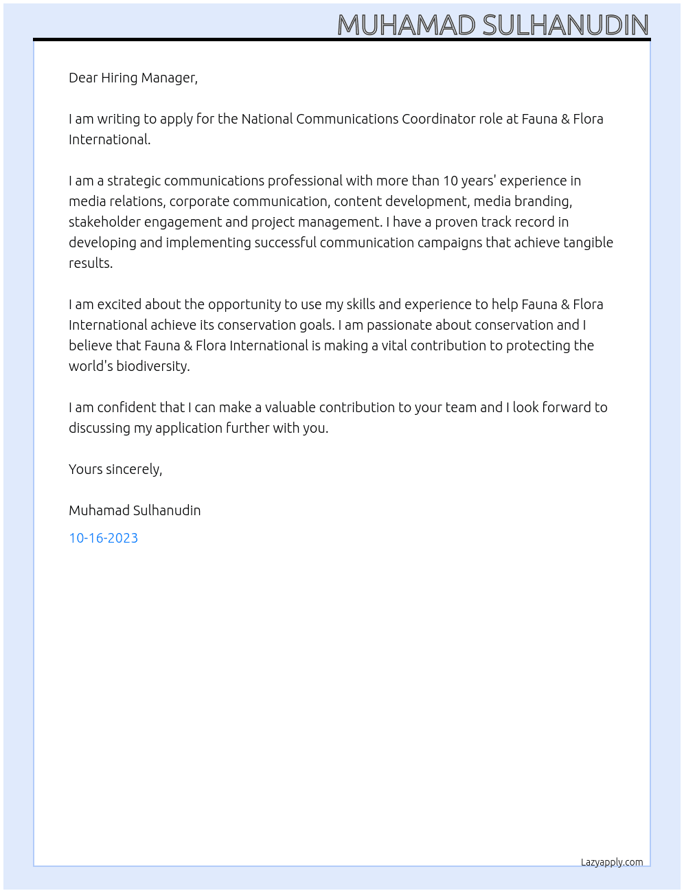 National Communications Coordinator At Fauna & Flora International Cover Letter