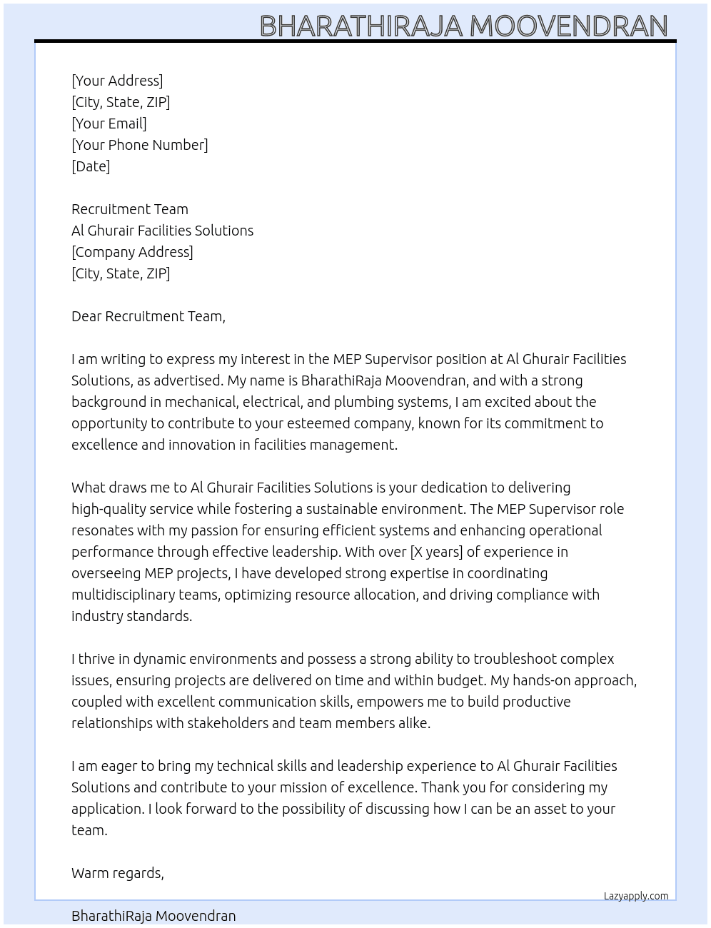 MEP Supervisor At Al Ghurair Facilities Solutions  Cover Letter