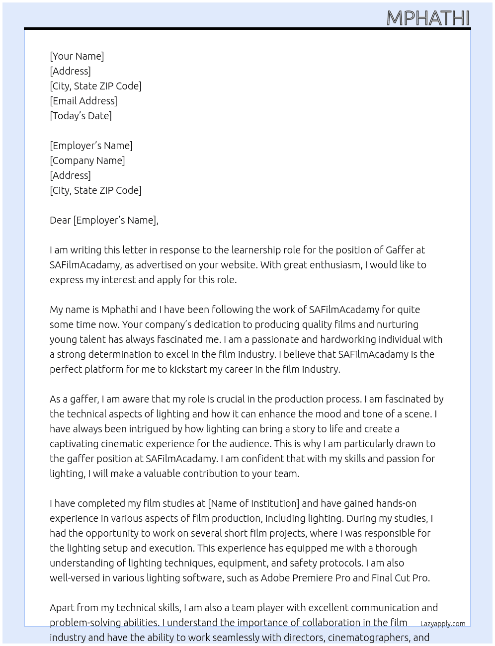 gaffer  At SAFilmAcadamy  Cover Letter