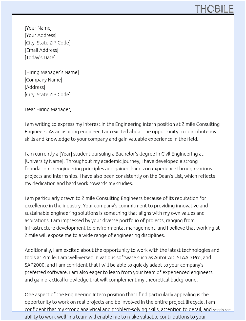 Engineering intern At Zimile Consulting engineers  Cover Letter