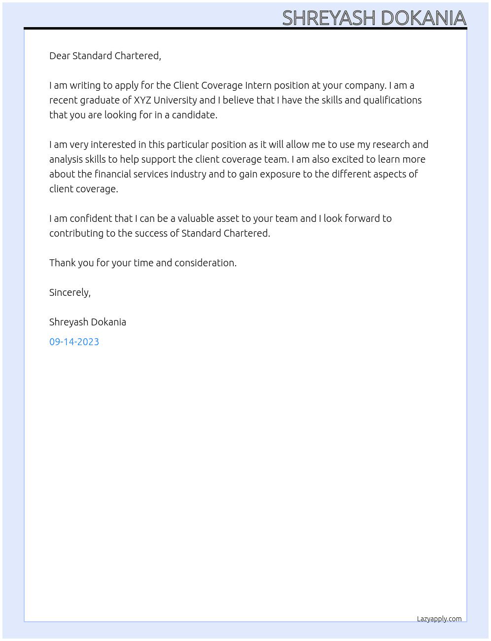 Client Coverage Intern At Standard Chartered Cover Letter