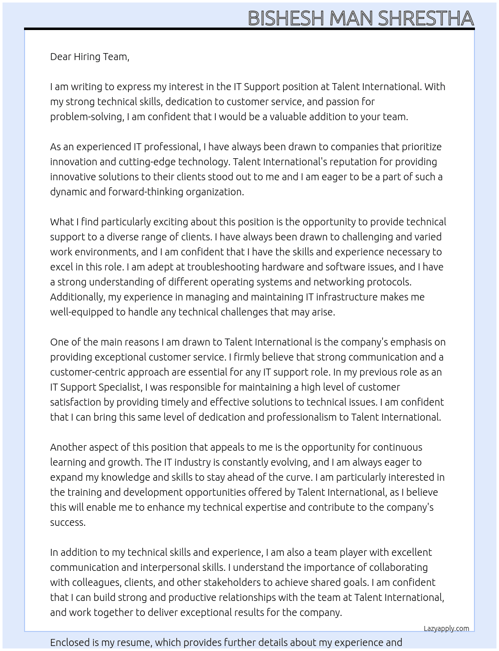It support At Talent international  Cover Letter