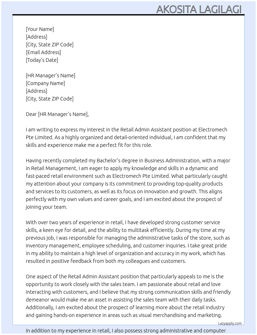 Retail Admin Assistant  At Electromech Pte Limited  Cover Letter