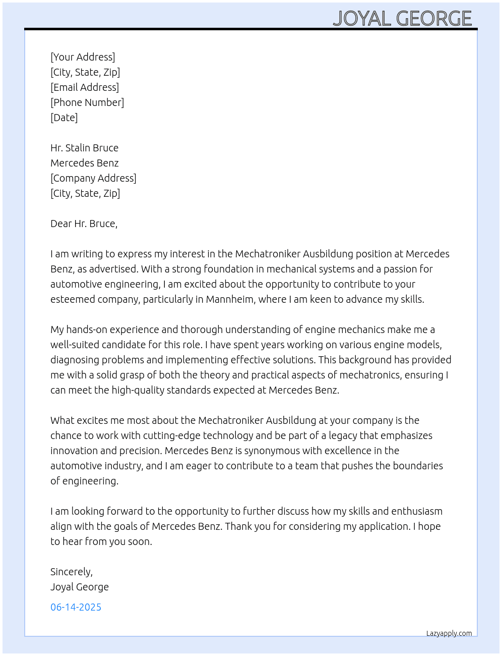 Mechatroniker Ausbuildung  At Mercedes Benz  Cover Letter