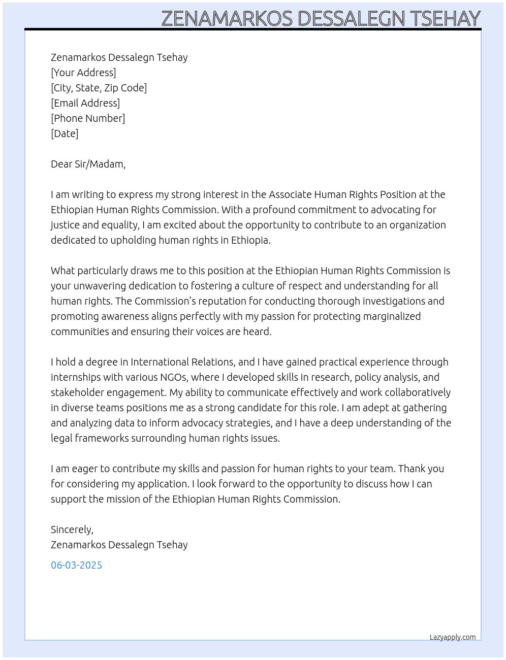 Associate Human Right Position At Ethiopian Human Rights Commission Cover Letter