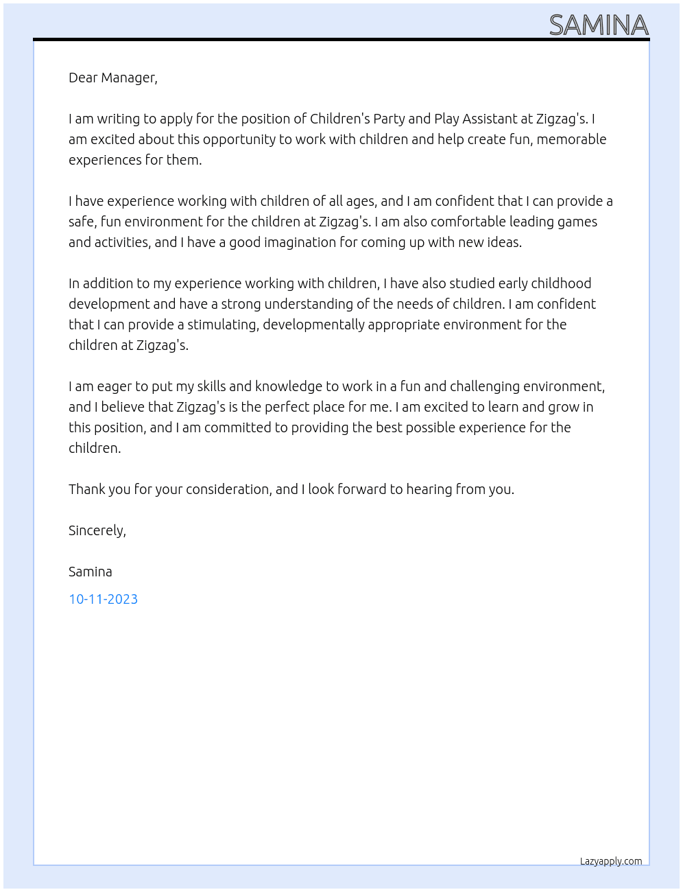 children's party and play assistant At Zigzag's Cover Letter