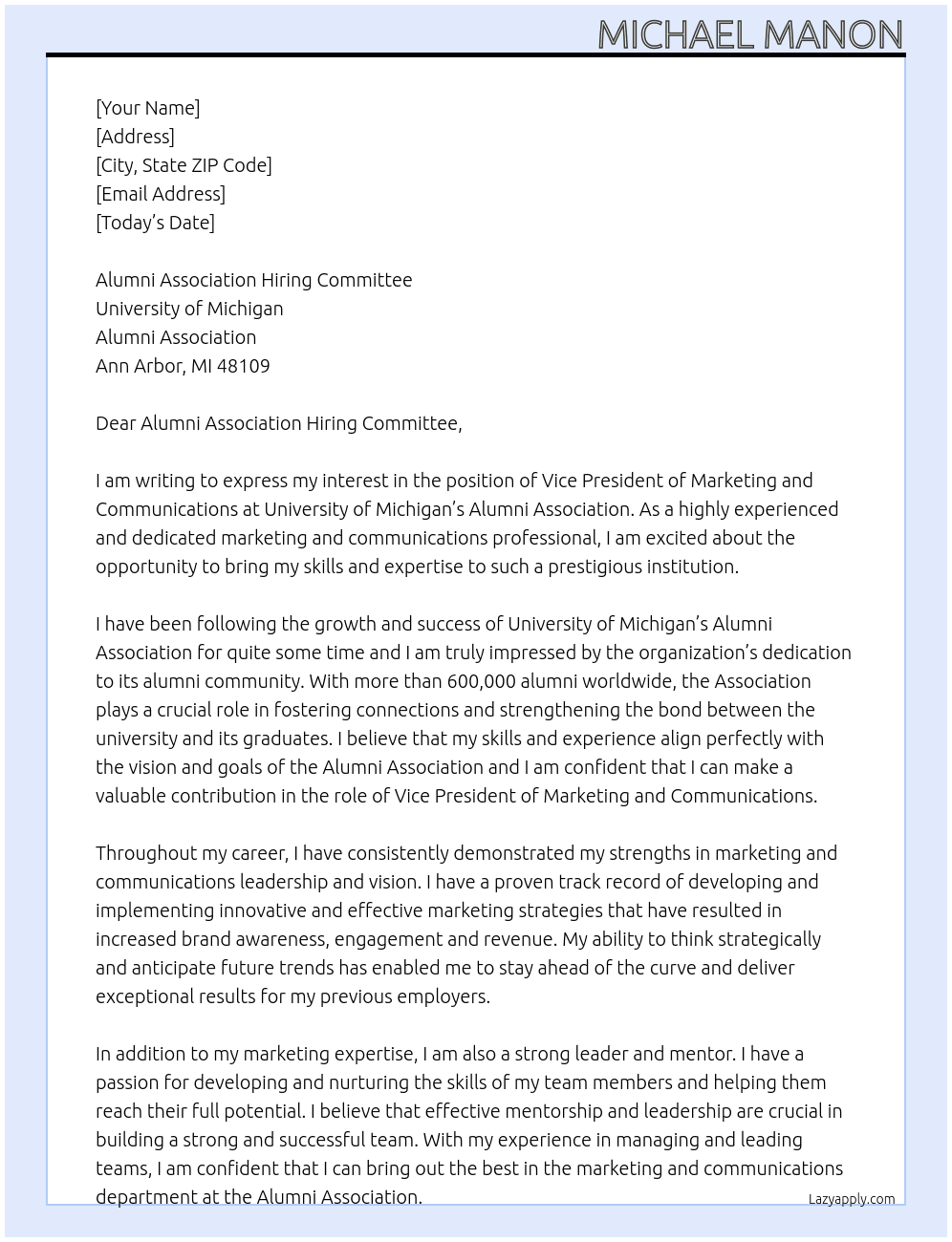 Vice President of Marketing and Communications At University of Michigan; Alumni Association Cover Letter