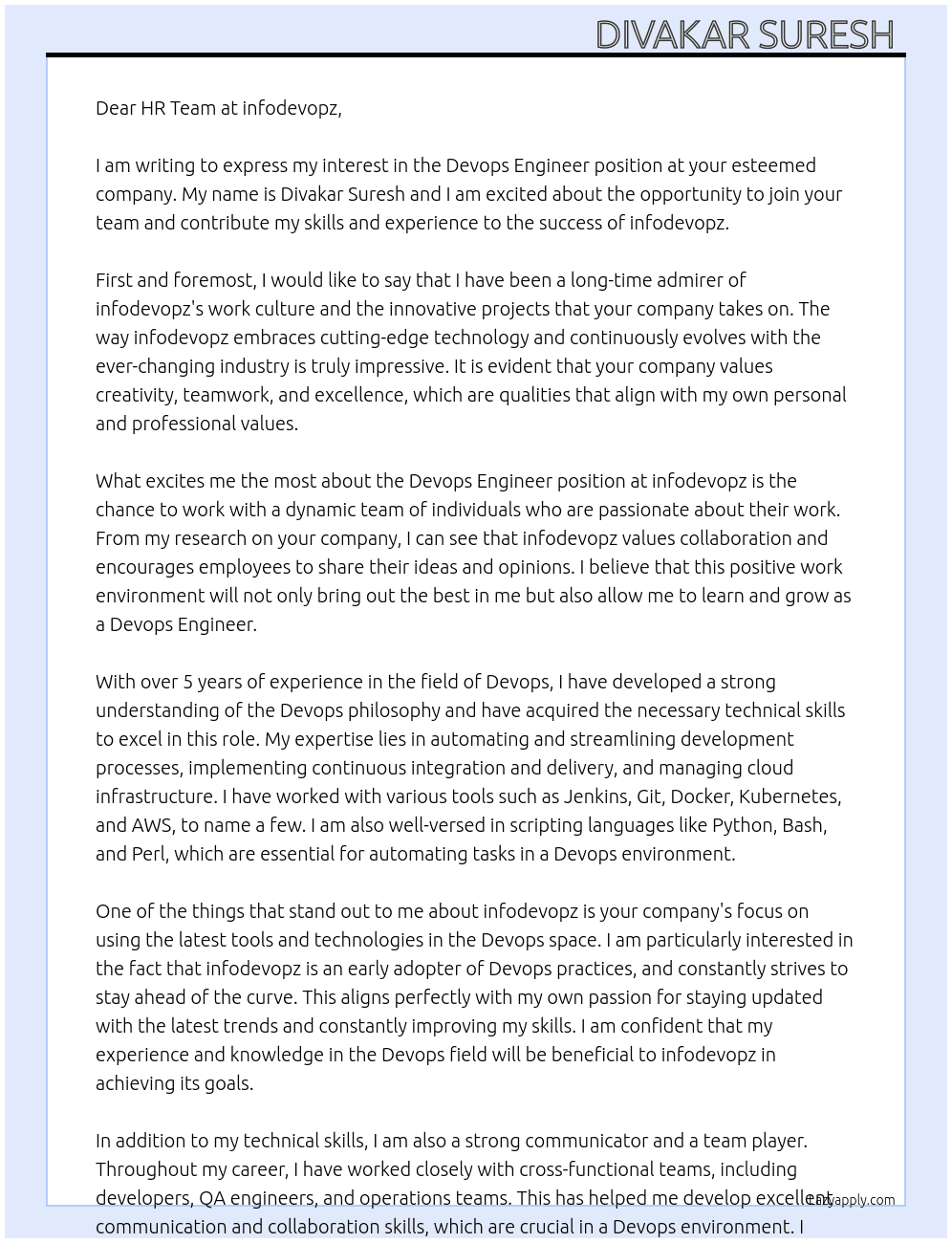 Devops Engineer  At infodevopz Cover Letter