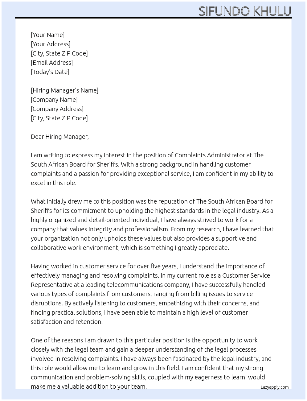 COMPLAINTS ADMINISTRATOR At THE SOUTH AFRICAN BOARD FOR SHERIFFS Cover Letter