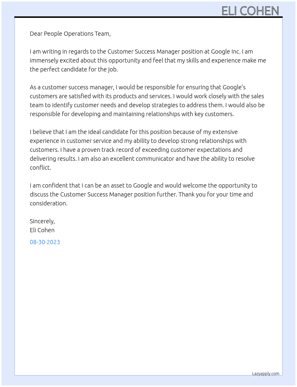 Customer Success Manager  At Google Inc Cover Letter