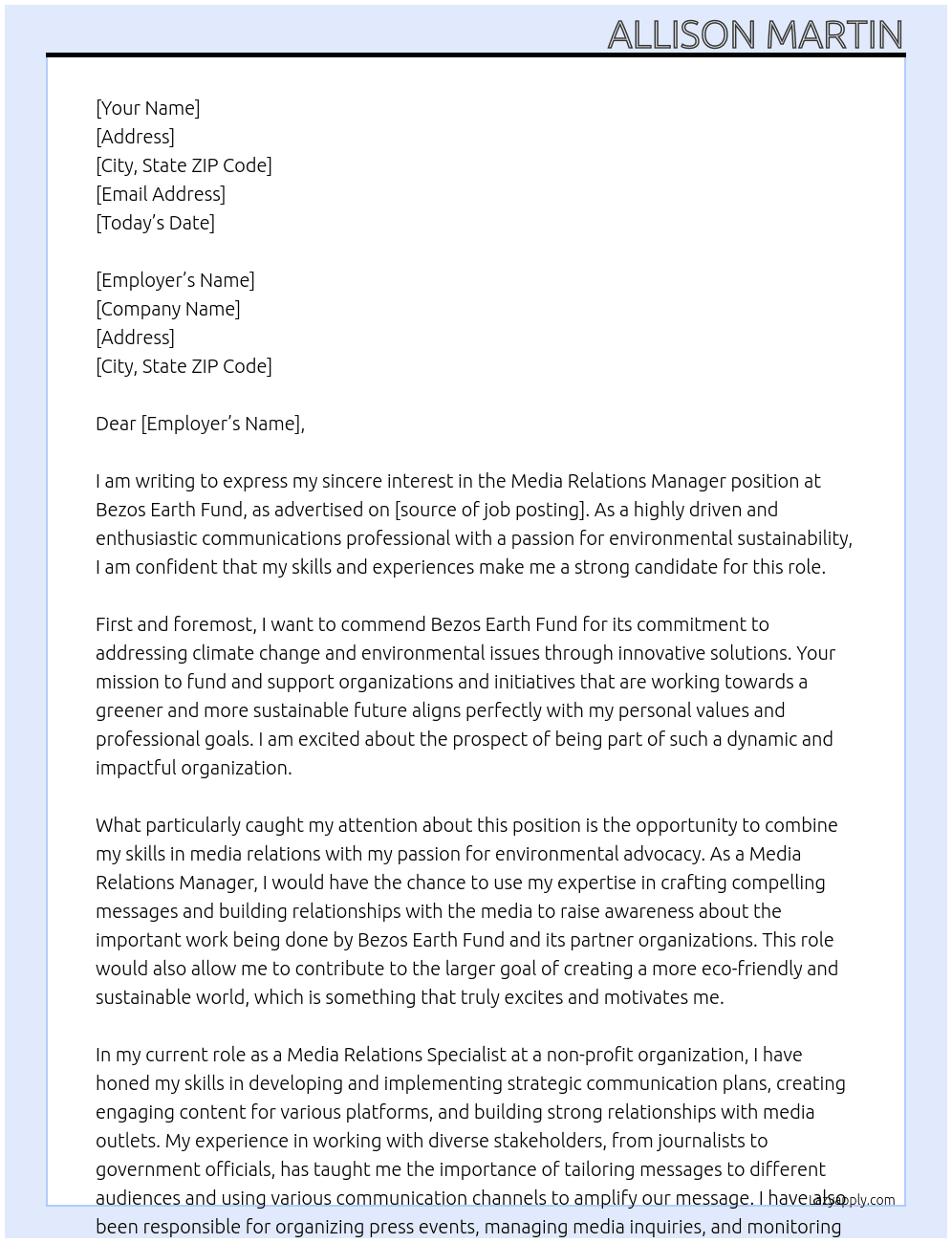 Media Relations Manager At Bezos Earth Fund Cover Letter