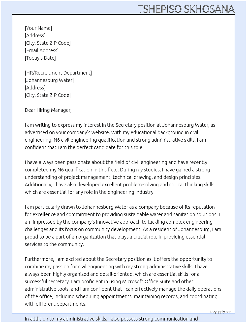 Secretary (for applicant with civil engineering educational background, N6 civil engineering qualification & no related working experience) At Johannesburg Water Cover Letter