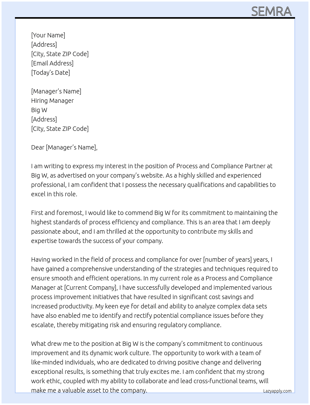process and compliance partner At Big w Cover Letter
