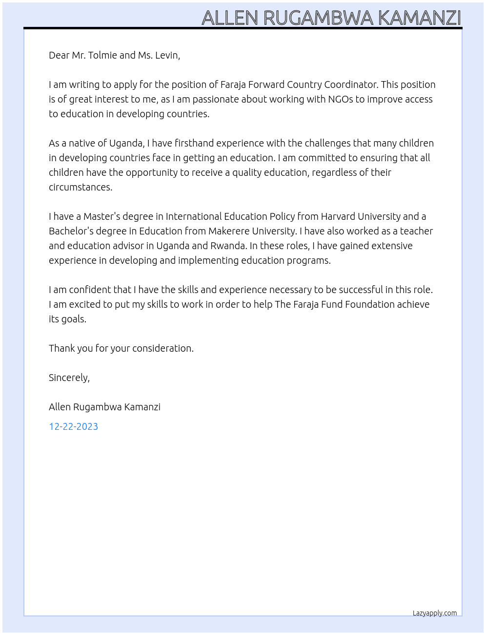 Faraja Forward Country Coordinator At The Faraja Fund Foundation Cover Letter