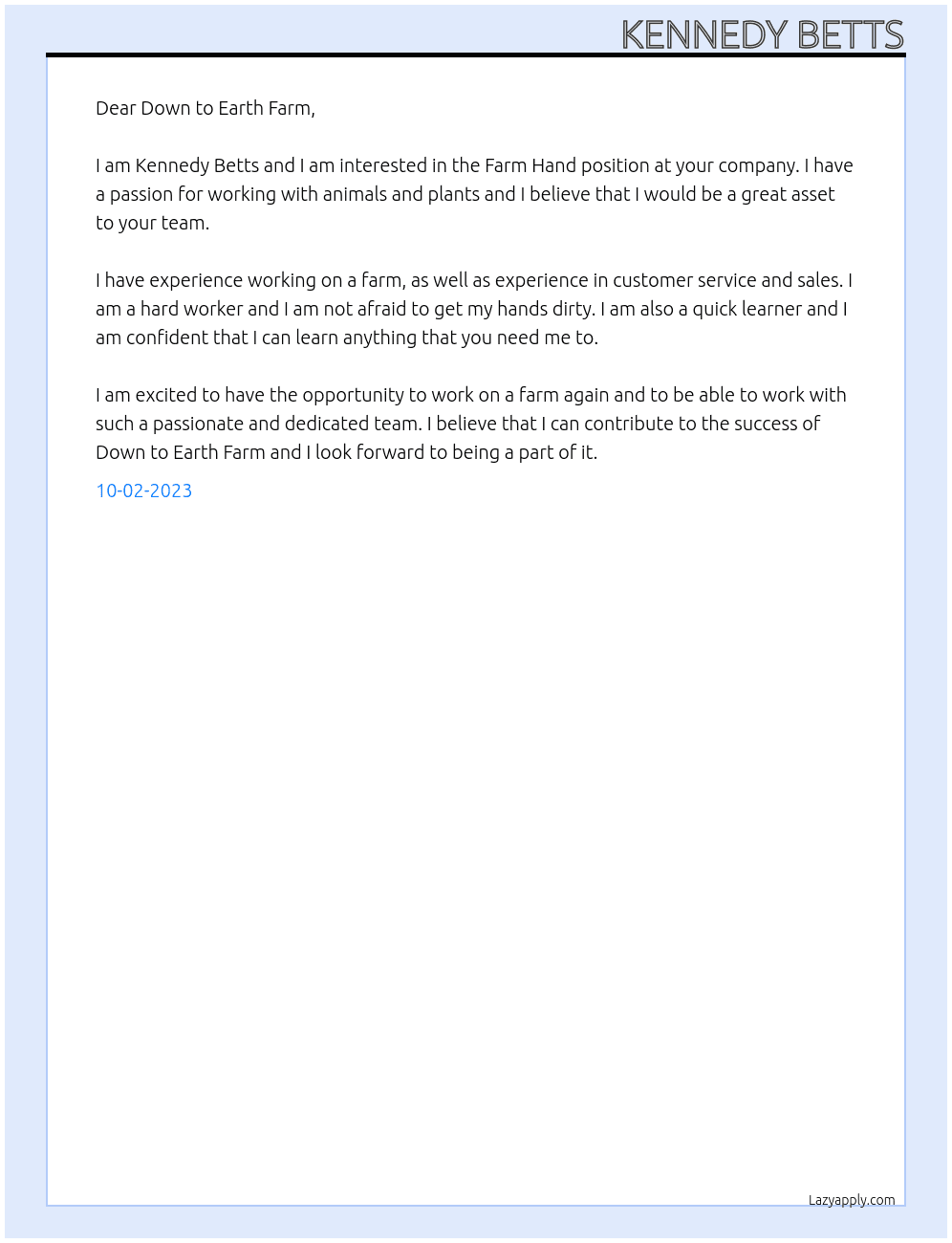 Farm Hand At Down to Earth Farm Cover Letter