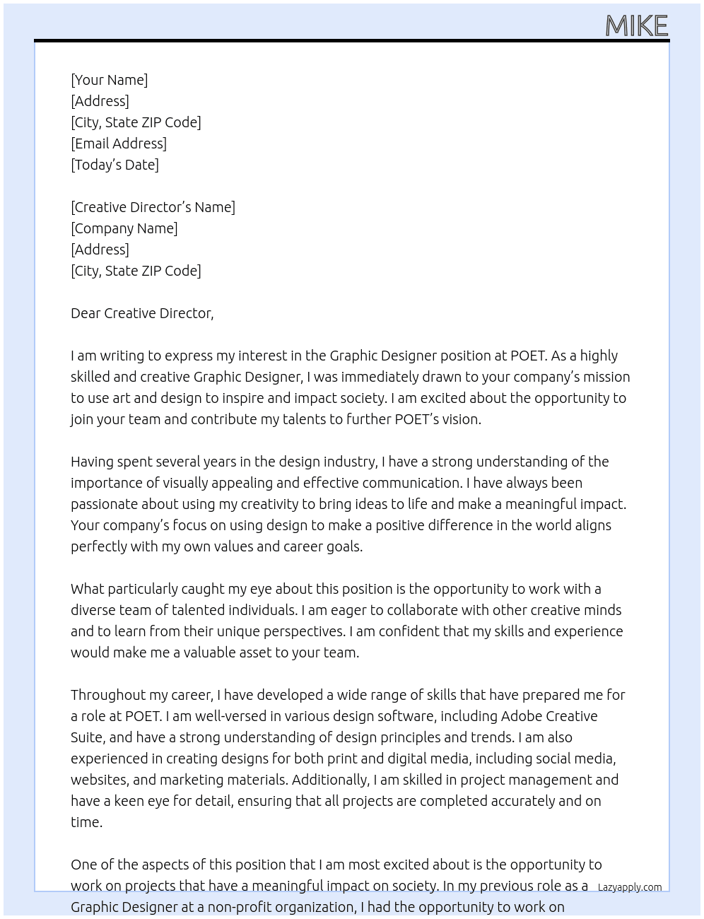 Graphic Designer At POET Cover Letter