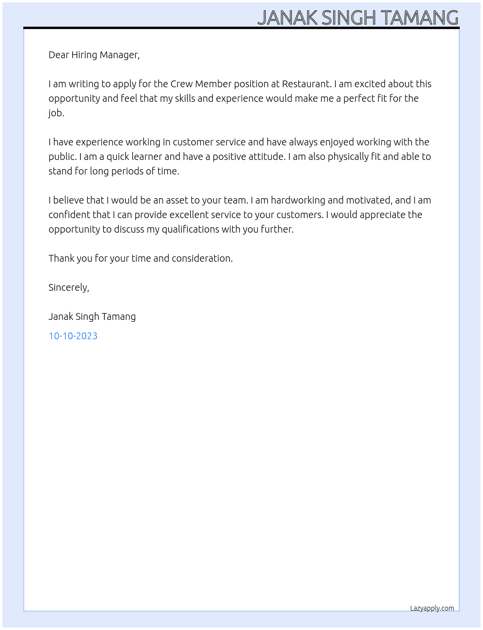 Crew Member At Restaurant Cover Letter