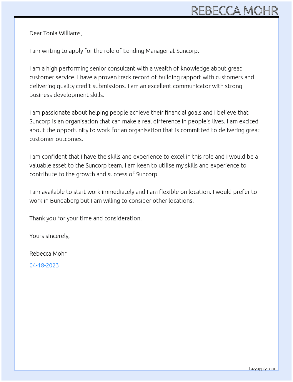 Lending Manager At Suncorp Cover Letter