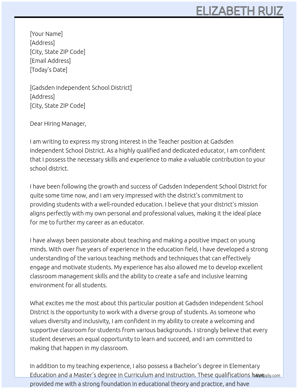 Teacher  At Gadsden Independent School District  Cover Letter