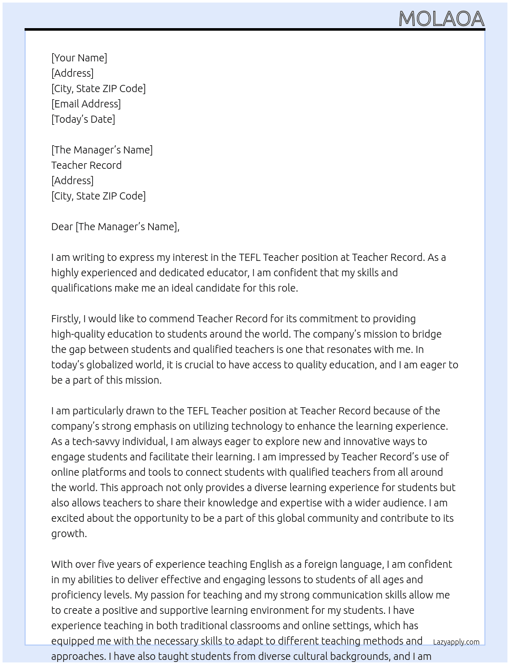 TEFL Teacher At Teacher Record Cover Letter