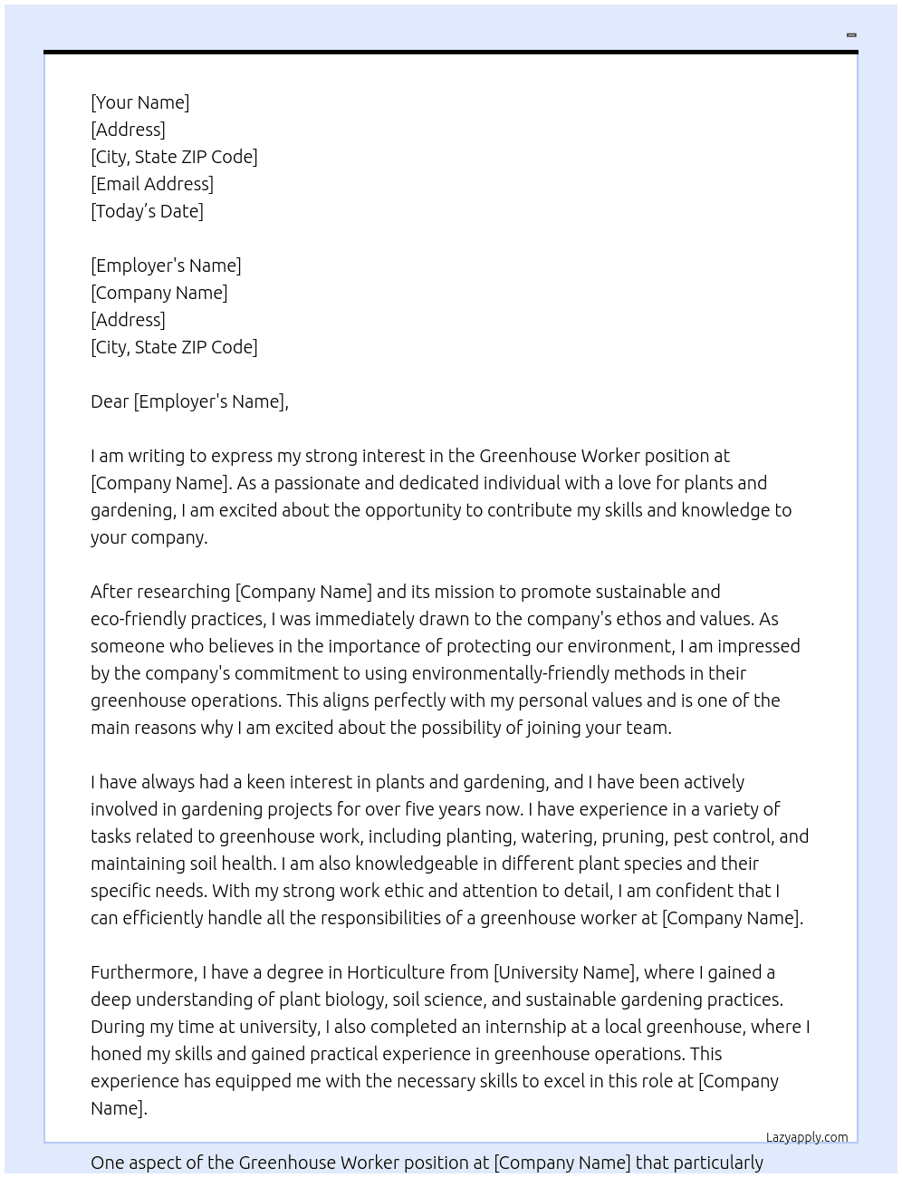 Greenhouse worker At - Cover Letter