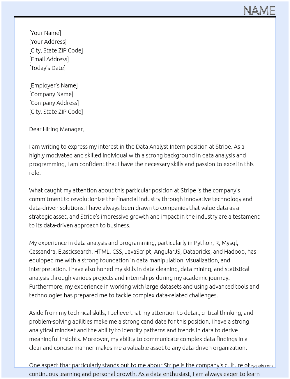 Data Analyst Intern At Stripe Cover Letter