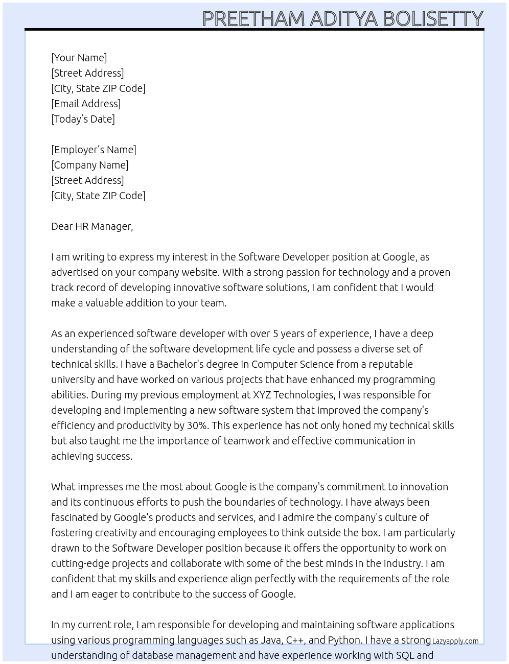 Sofware developer At Google Cover Letter